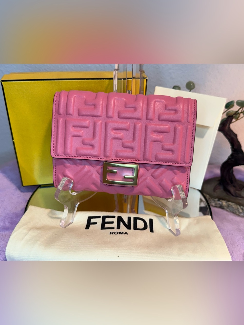 Fendi Baguette Micro Trifold Wallet in FF-embossed nappa leather Box & Dust Bag